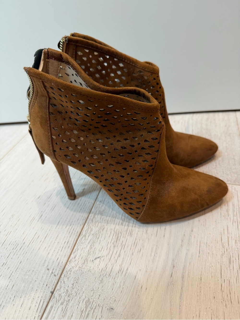 Zara Cognac Suede Perforated Ankle Booties